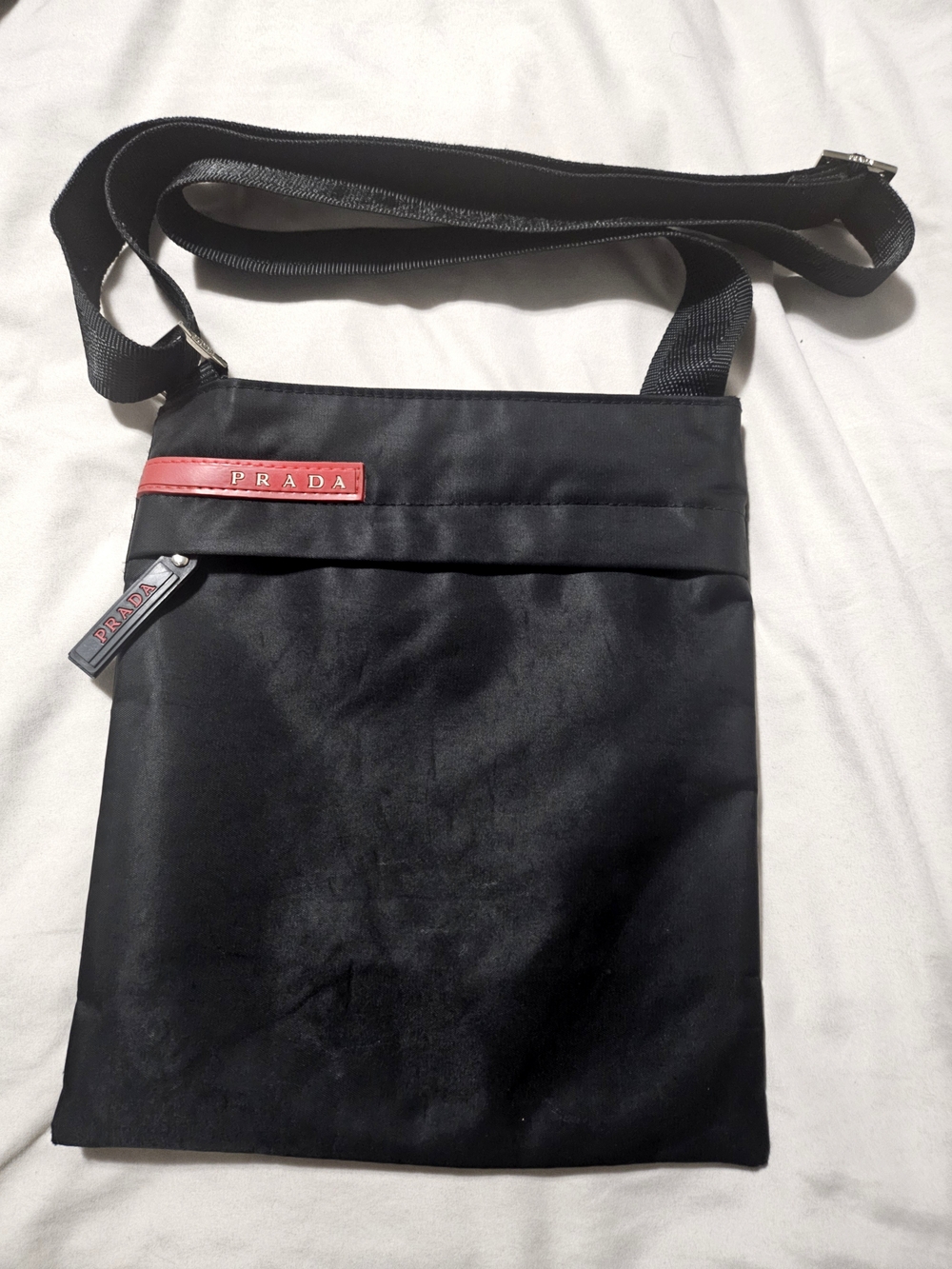 Prada Black Nylon Messenger Bag with Red Trim